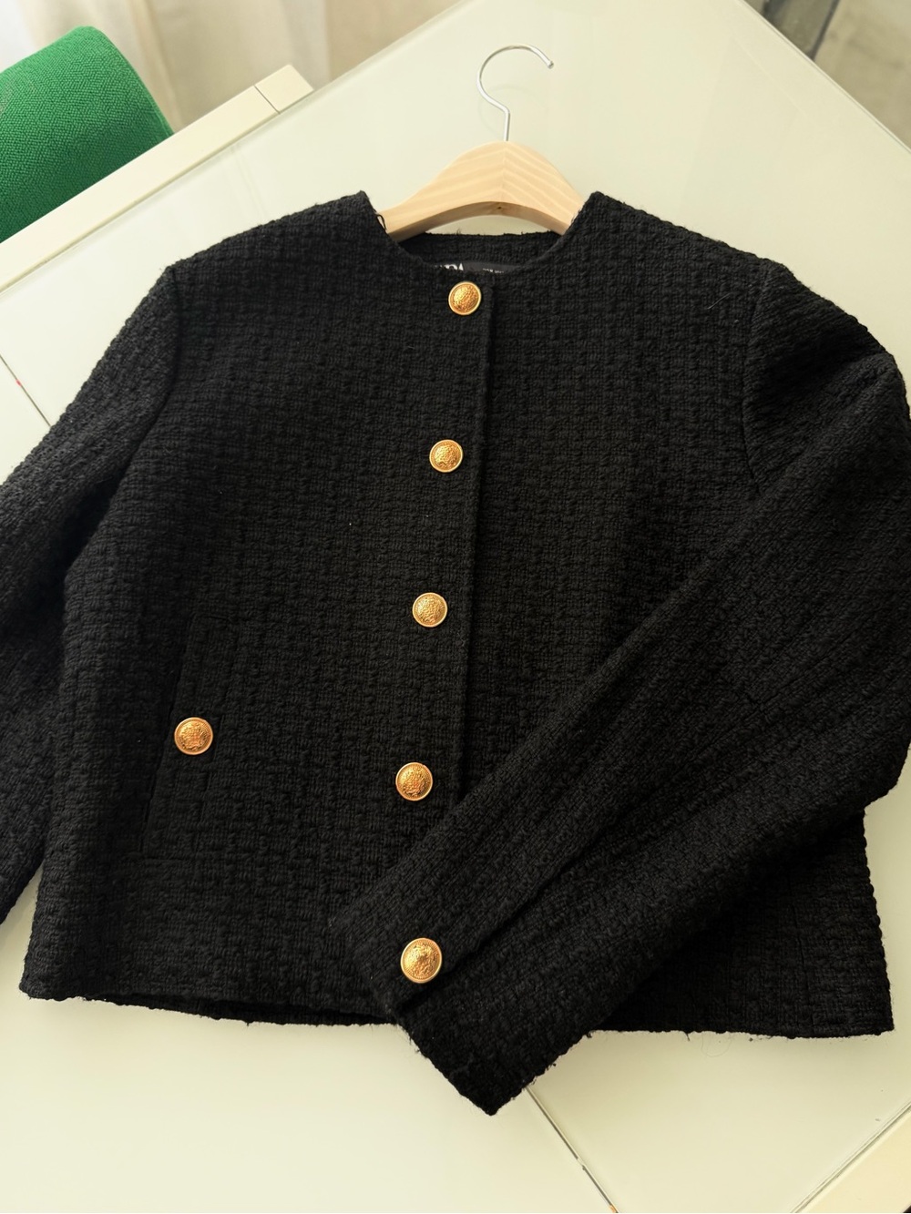Zara Black Bouclé Jacket with Gold Buttons